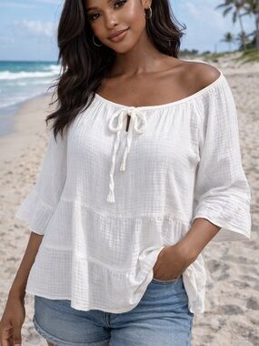 Relaxed White Cotton Tie-Neck Peasant Blouse